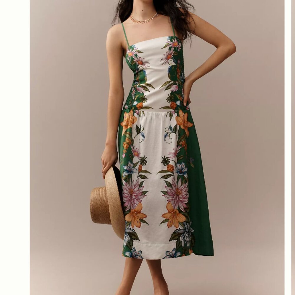 Farm Rio Sweet Bloom Dreamscape Linen Blend Sleeveless Midi Dress